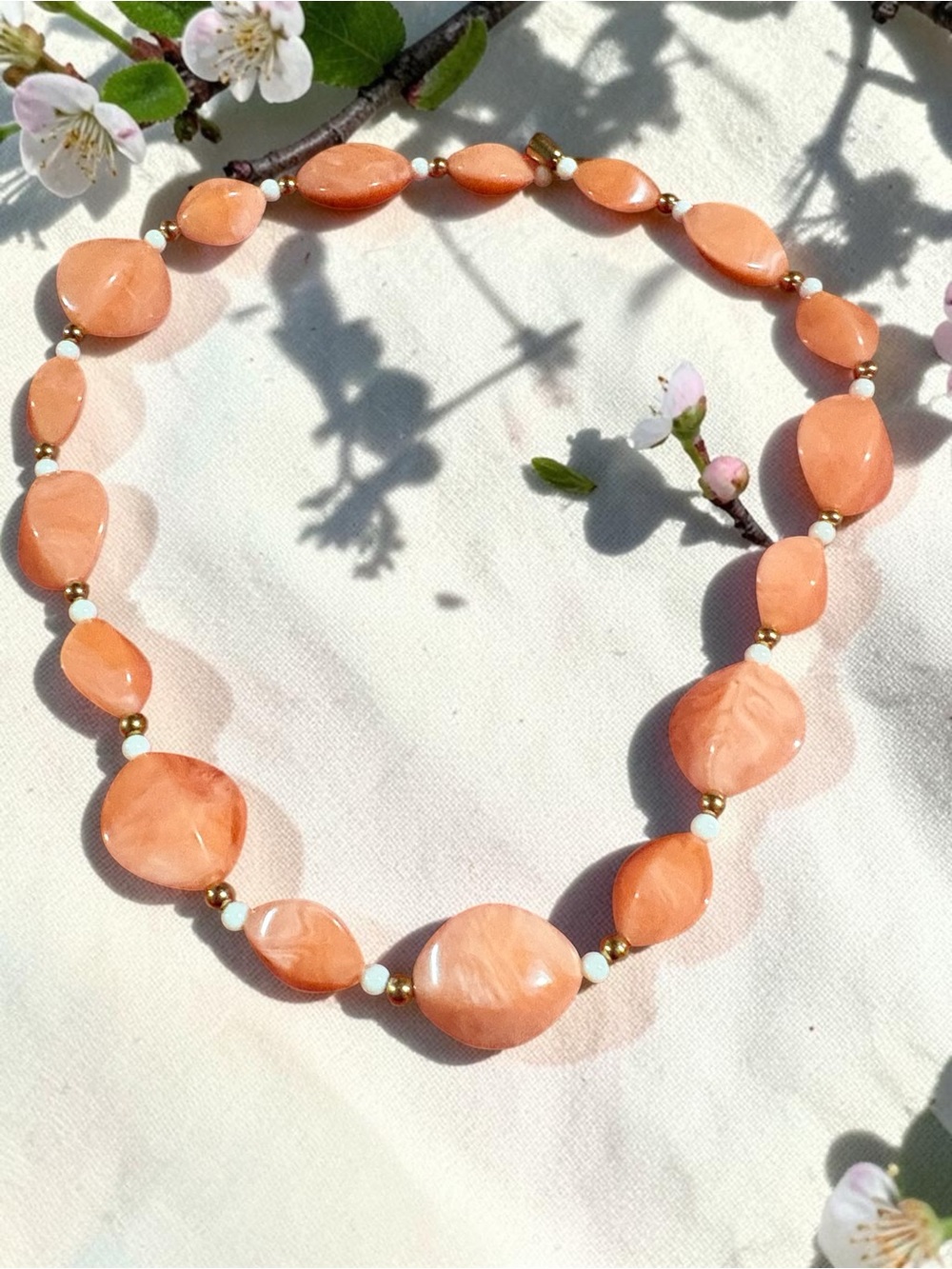 Peach Coral lucite beads Necklace with Gold Accents